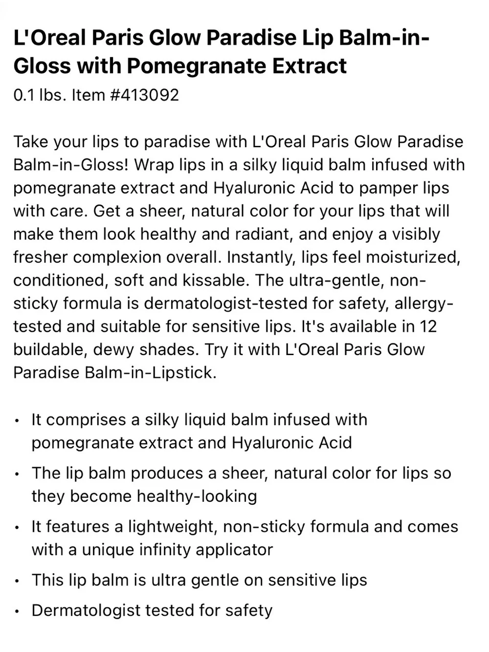 L’Oréal Paris Glow Paradise Lip Balm in Gloss Pomegranate Extract NEW